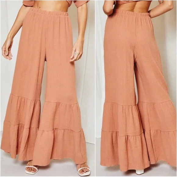 1 LEFT! Creamy Rust Lightweight Comfort Cotton Wide Leg Bell Bottom Pants - Picture 2 of 2